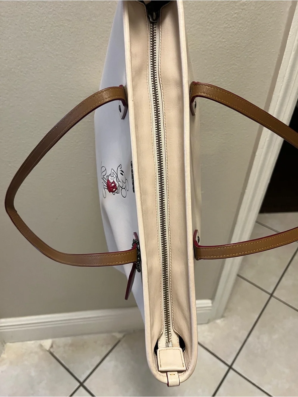 Coach White Leather Mickey Mouse Tote with Red Accent
